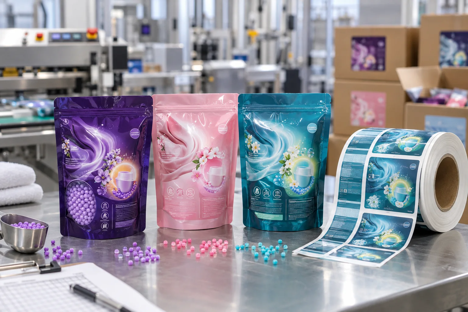 Laundry scent booster pouches with original fragrance-wave, flower and bead graphic labels at a packaging factory