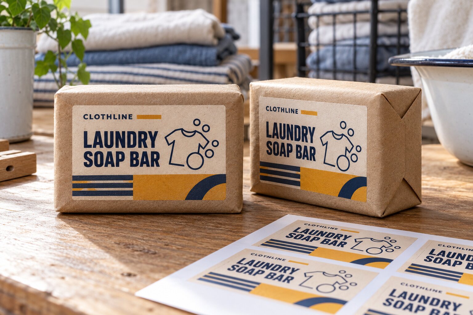 Two kraft-paper wrapped CLOTHLINE laundry soap bars with complete navy and ochre front labels and a matching printed label sheet