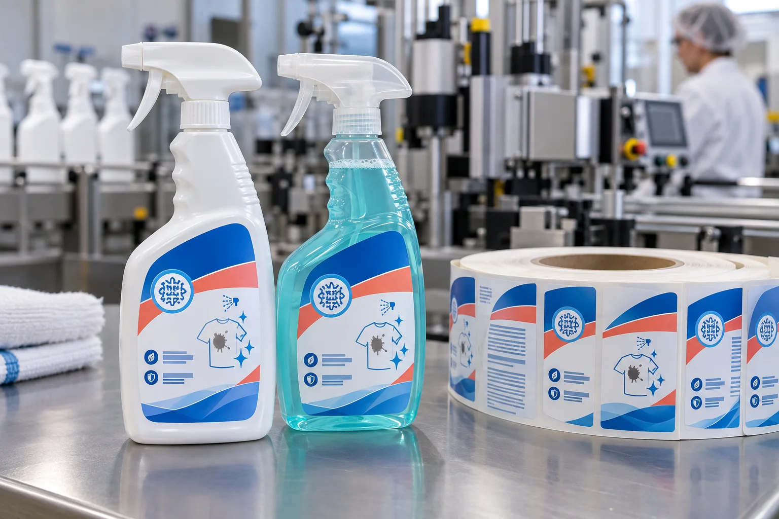 Laundry stain remover trigger bottles with fabric and spray graphic labels at a household-care packaging line
