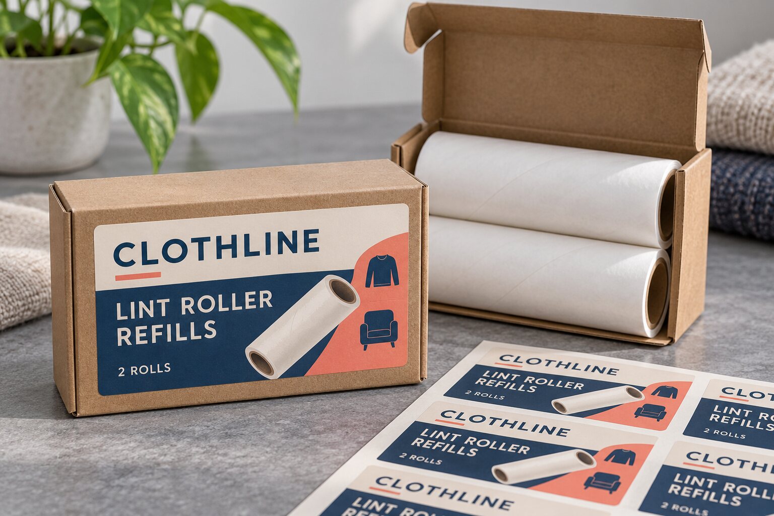 CLOTHLINE two-roll lint roller refill paperboard carton with complete blue and coral front label, garment and roller icons, and matching label sheets