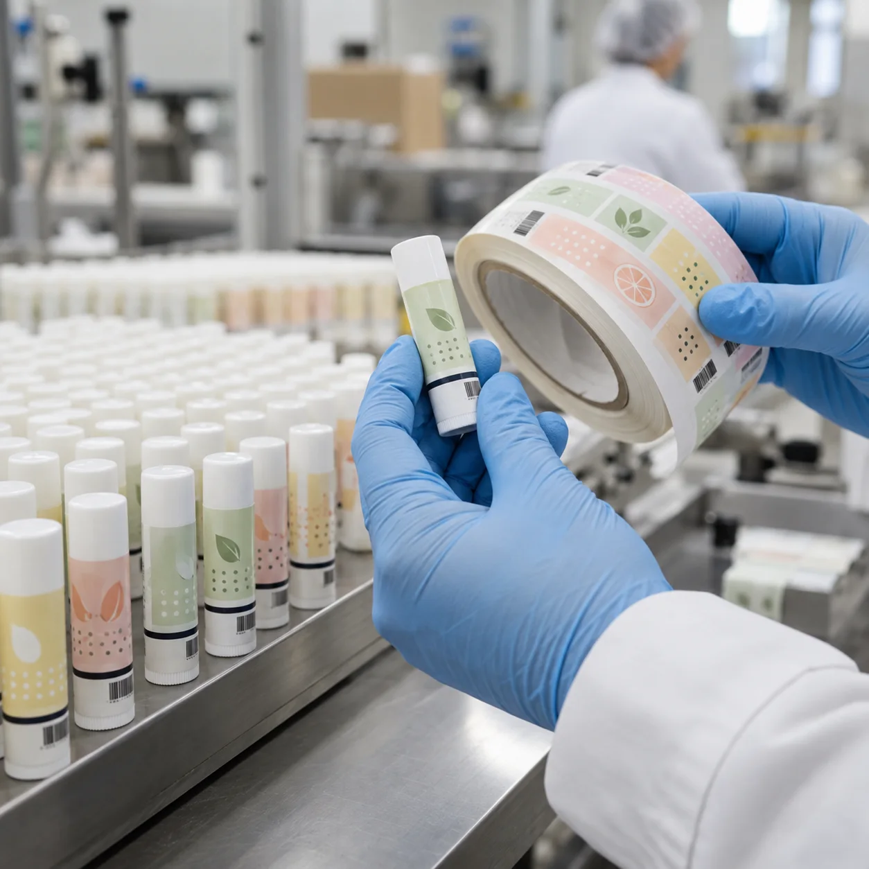 Small blank wrap labels being checked on lip balm tubes at a cosmetic packaging production line