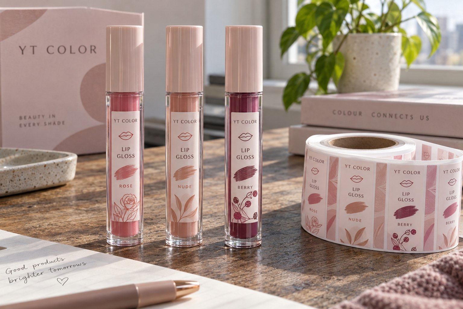 Three lip gloss wand tubes with complete original Rose, Nude and Berry shade labels and a matching printed label roll