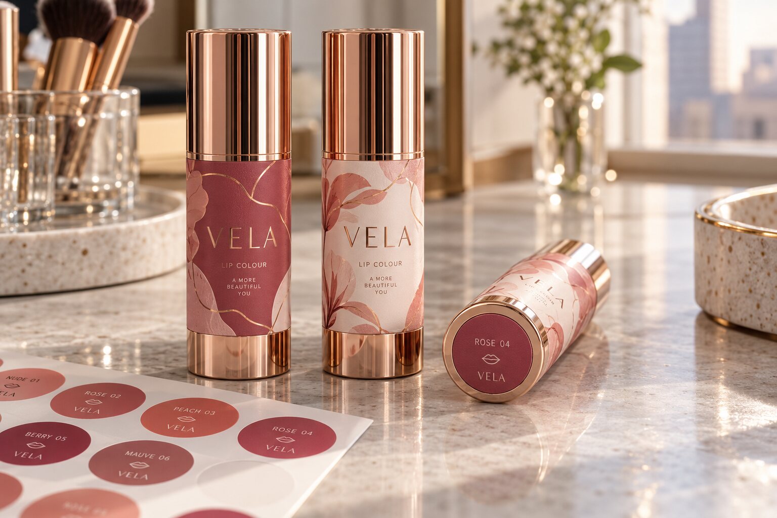 Closed VELA lipstick bullet tubes with illustrated side wraps and a visible ROSE 04 circular shade label on the flat base beside matching stickers