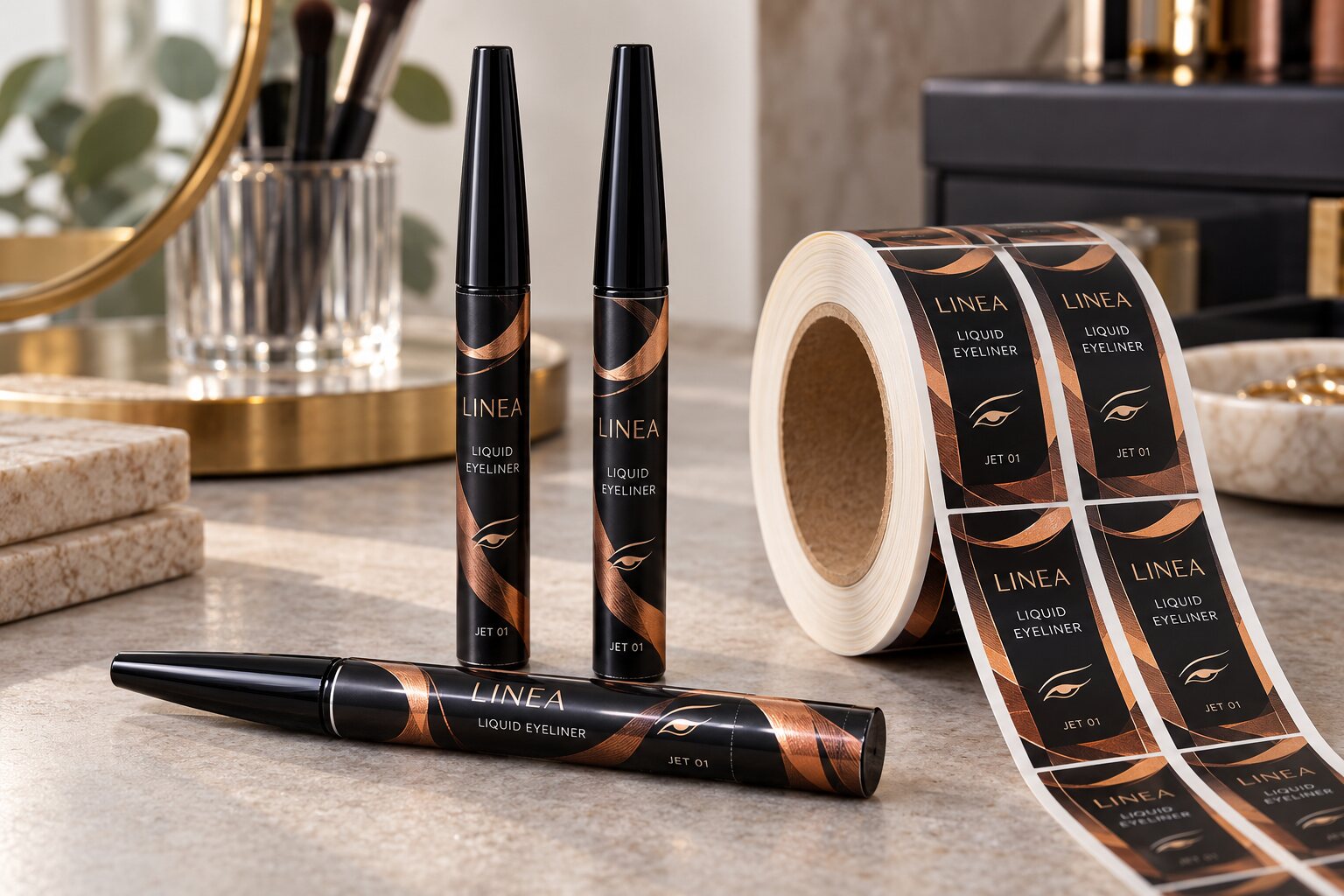Three closed LINEA liquid eyeliner pens with black and copper narrow barrel wraps, JET 01 shade text, eye icons and a matching printed label roll
