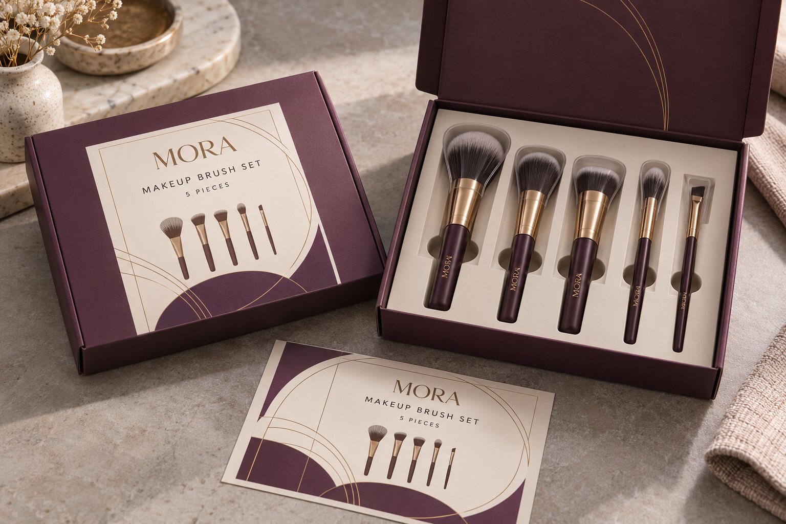 Closed and open MORA makeup brush set cartons, one containing five distinct brushes in a fitted insert, with complete illustrated five-piece front labels
