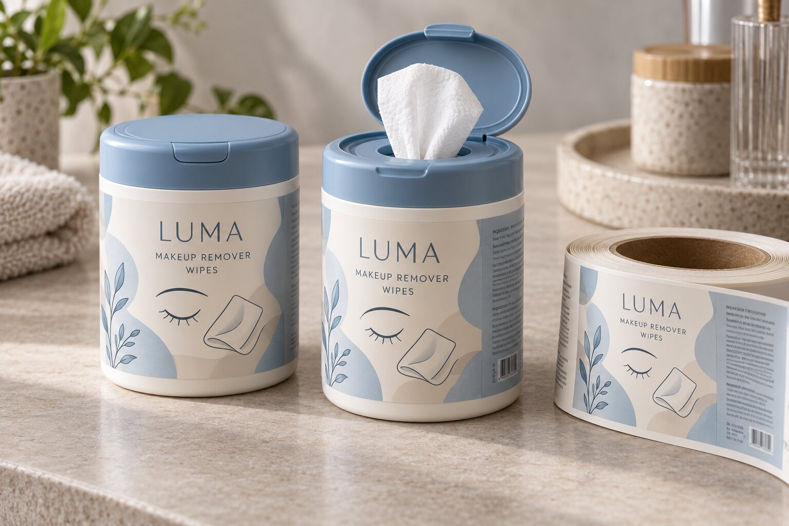 Two LUMA makeup remover wipes tubs, one with open flip lid, blue illustrated sidewall labels and a matching label roll