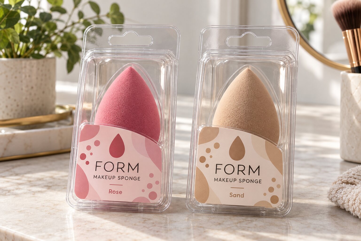 Two clear FORM makeup sponge clamshell packs showing rose and sand teardrop sponges with complete original labels on the flat lower front panels