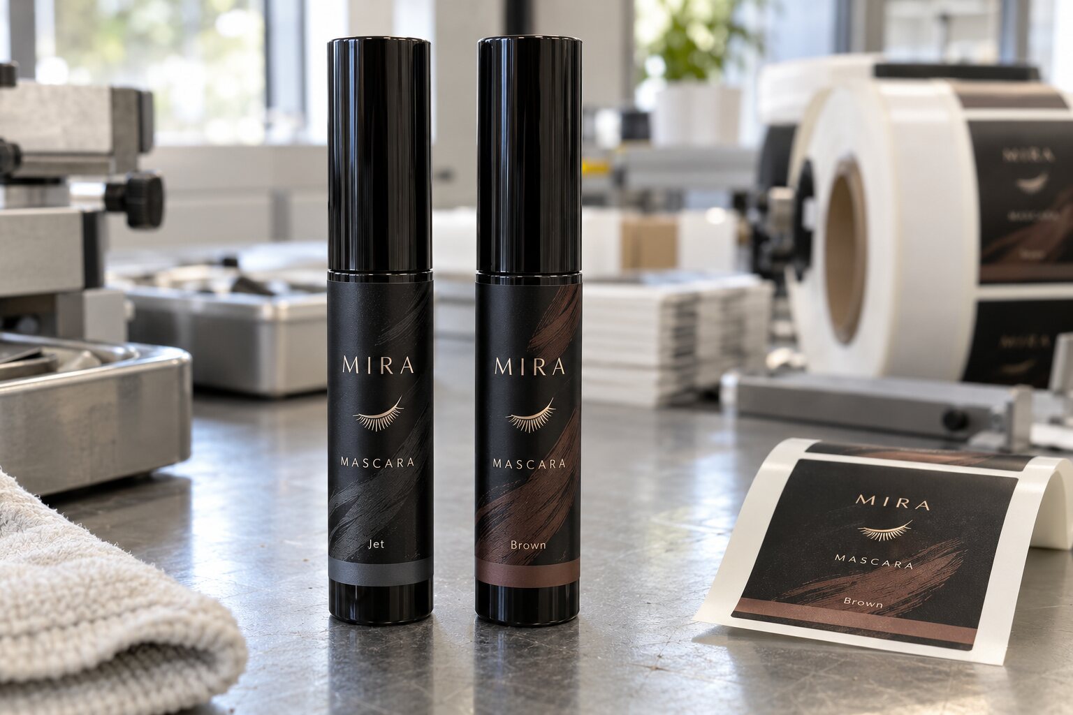 Two original MIRA mascara tube labels in Jet and Brown on fixed tube bodies beneath separate wand caps, with a printed sample label