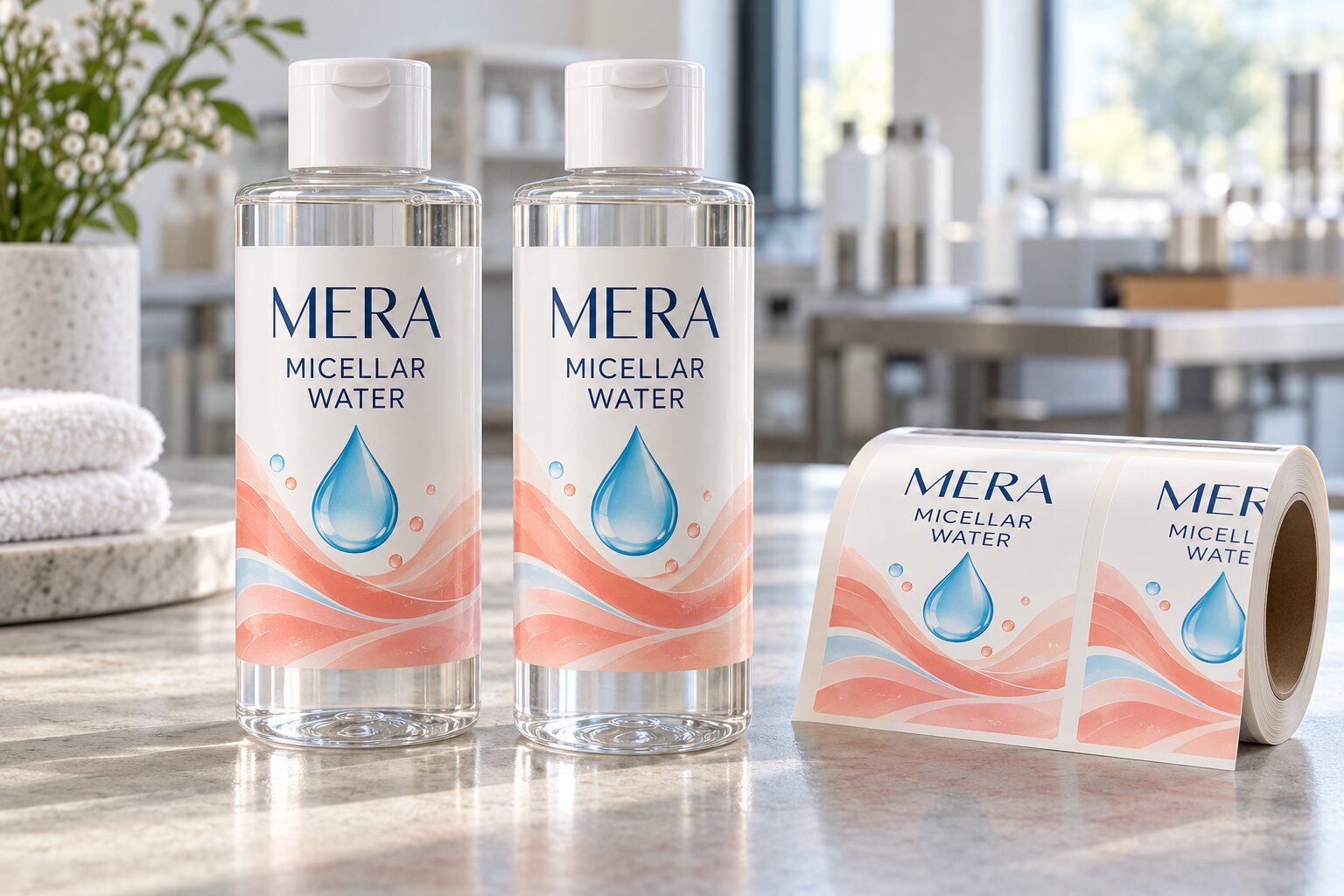 Two clear MERA micellar water bottles with blue and coral printed labels and a matching pressure-sensitive label roll