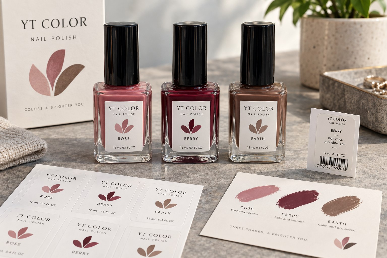 Small nail polish glass bottles carrying complete original shade labels with nail swatch icons and a matching printed label sheet