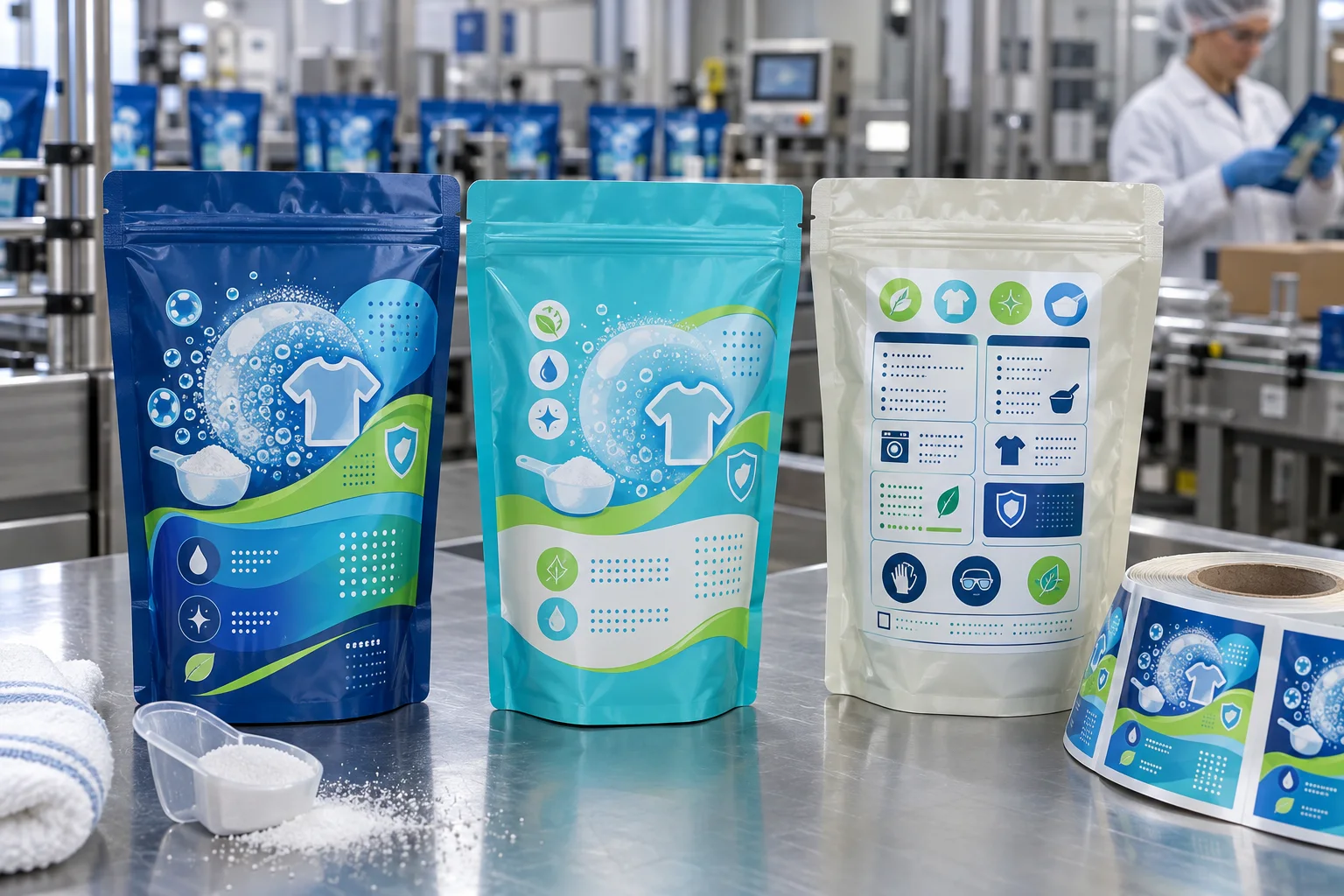 Oxygen bleach powder pouches with original bubble and garment graphic labels inspected in a packaging factory