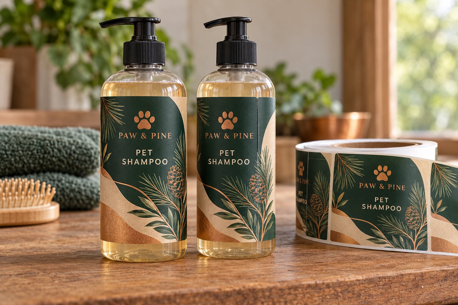 Two PAW and PINE pet shampoo pump bottles with illustrated green paw labels and a matching printed label roll