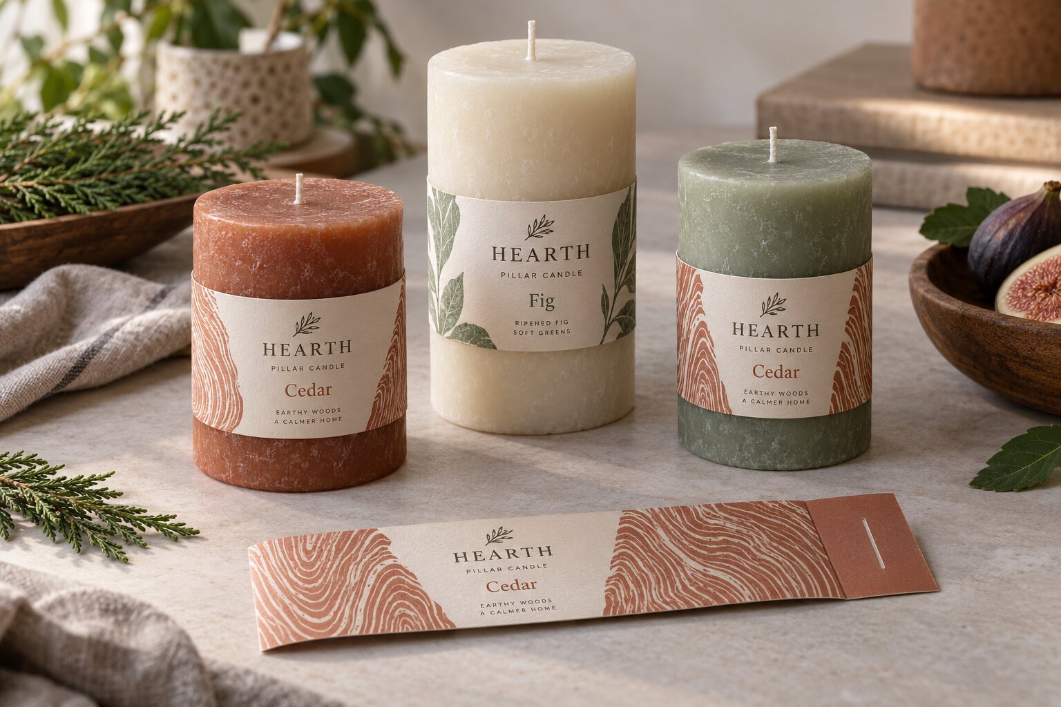 Three unlit HEARTH pillar candles with original Cedar and Fig printed removable belly bands and a spare flat band