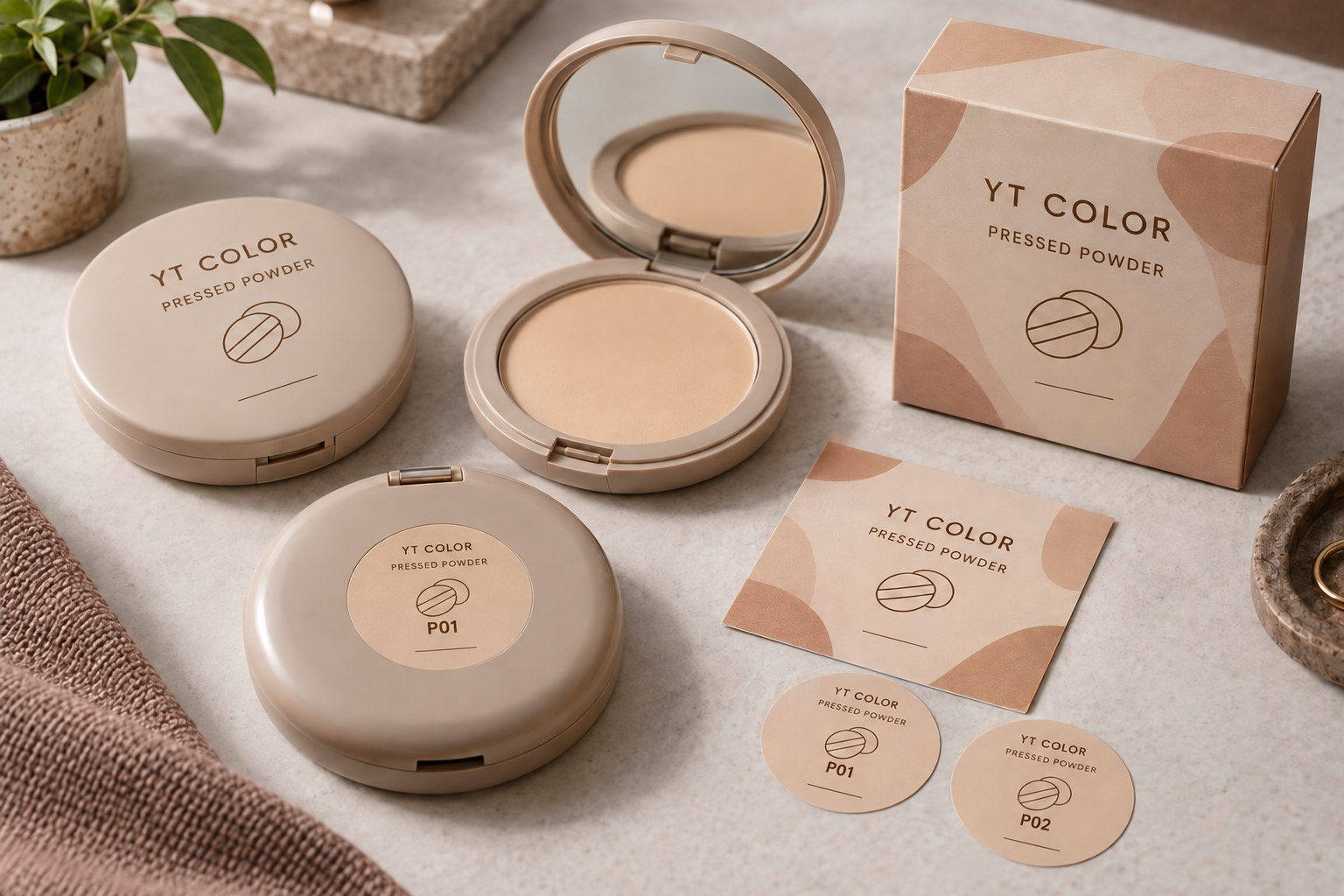 Pressed powder compacts and outer carton with complete original branding, underside shade labels and matching sample labels