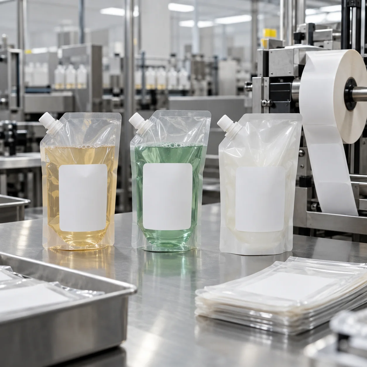 Refill pouches with blank labels at a personal care packaging production line