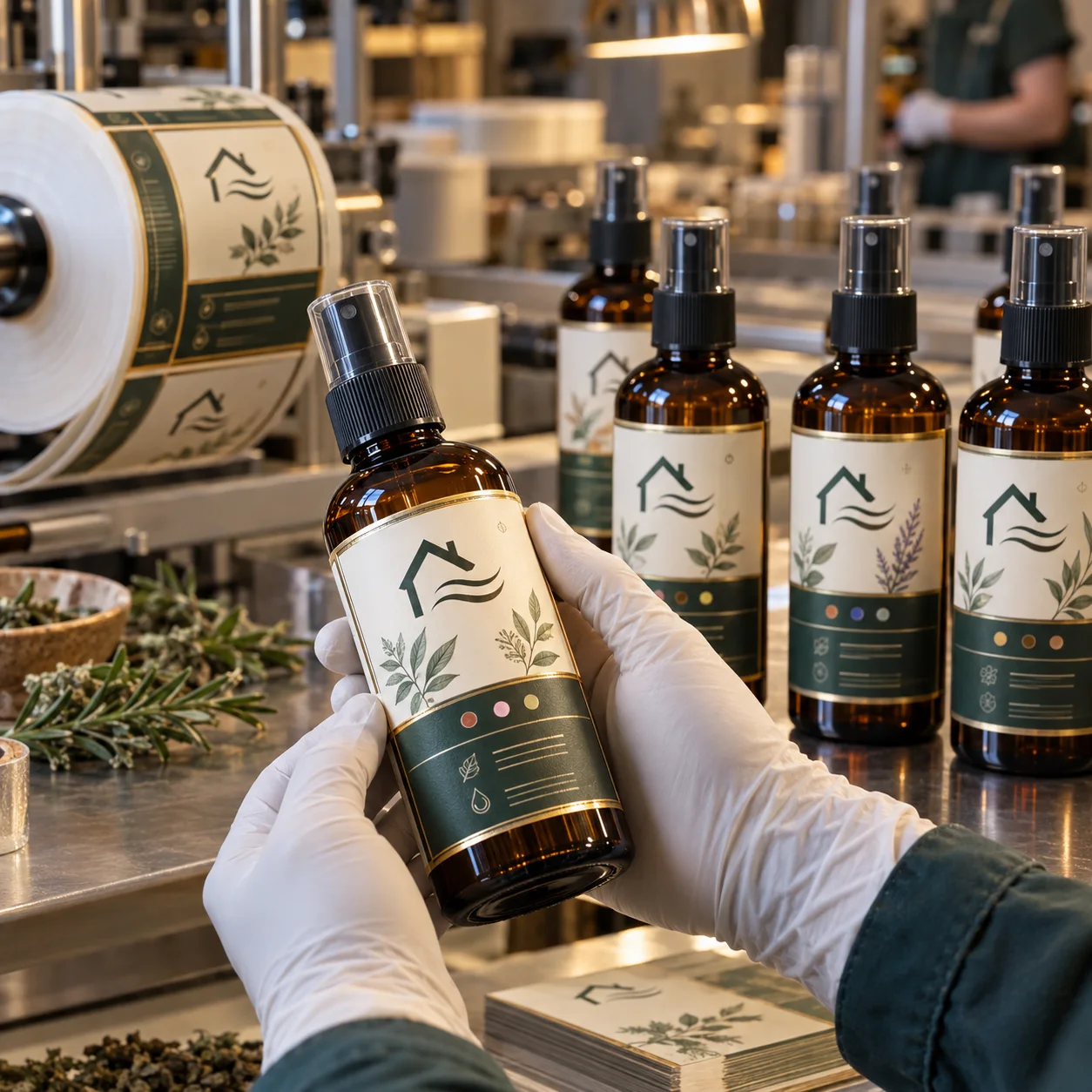 Amber room spray bottles with home and botanical graphic labels in a fragrance packaging workshop