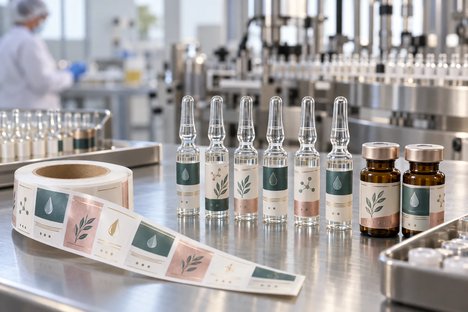 Cosmetic serum ampoules and vials with original droplet and botanical graphic labels at a packaging factory