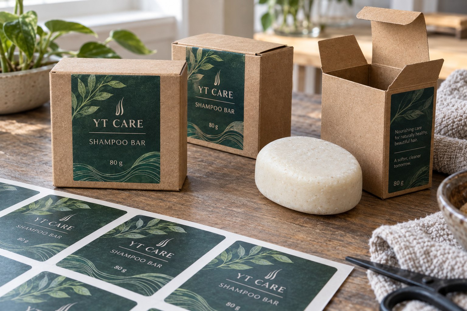 Kraft shampoo bar cartons with green botanical labels and hair-strand icons, a solid shampoo bar and matching printed sticker sheets