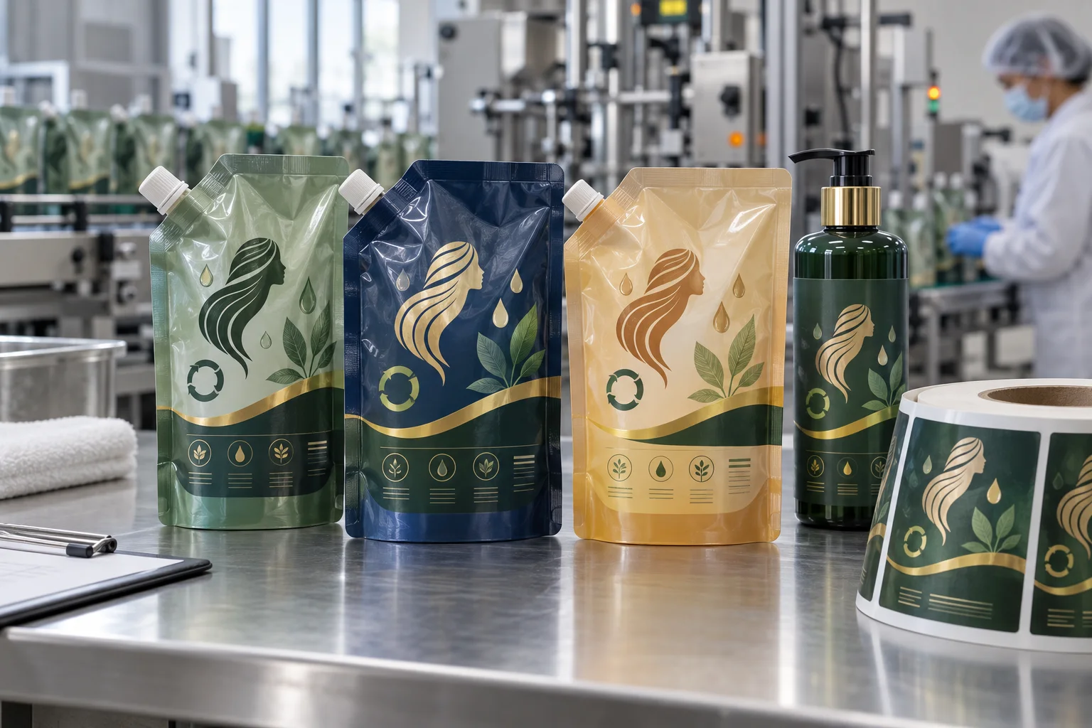 Shampoo refill pouches and pump bottle with original hair, leaf and refill-loop graphic labels at a wash-care factory