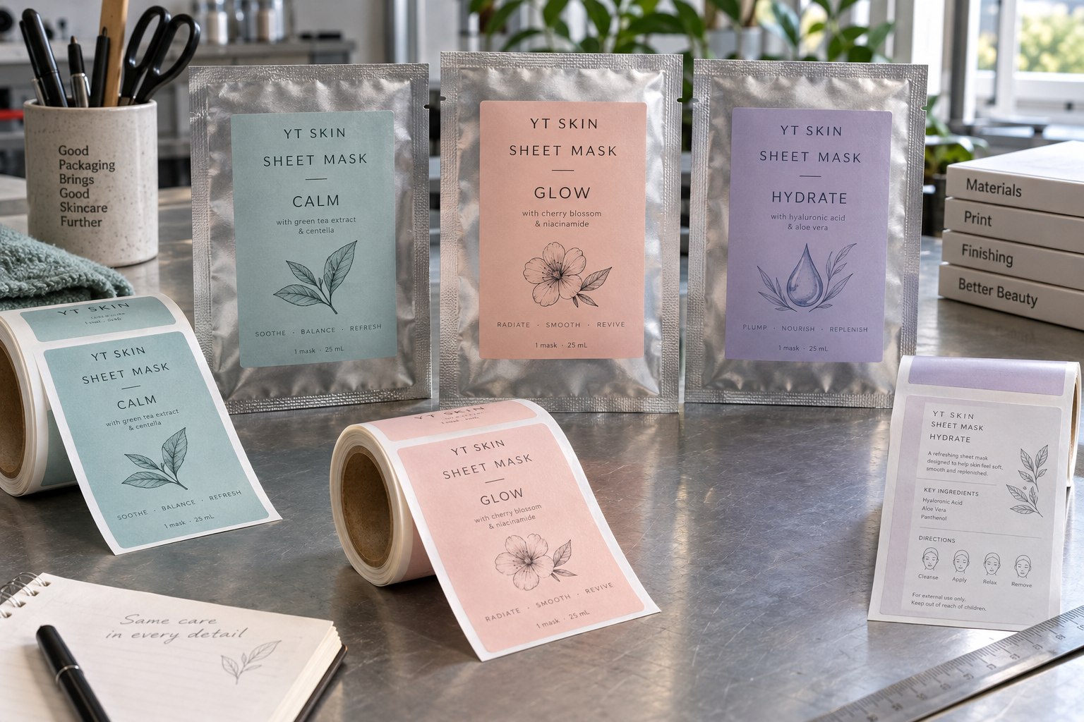 Printed sheet mask sachets with original botanical icons, a matching label roll and flat application samples on a packaging bench