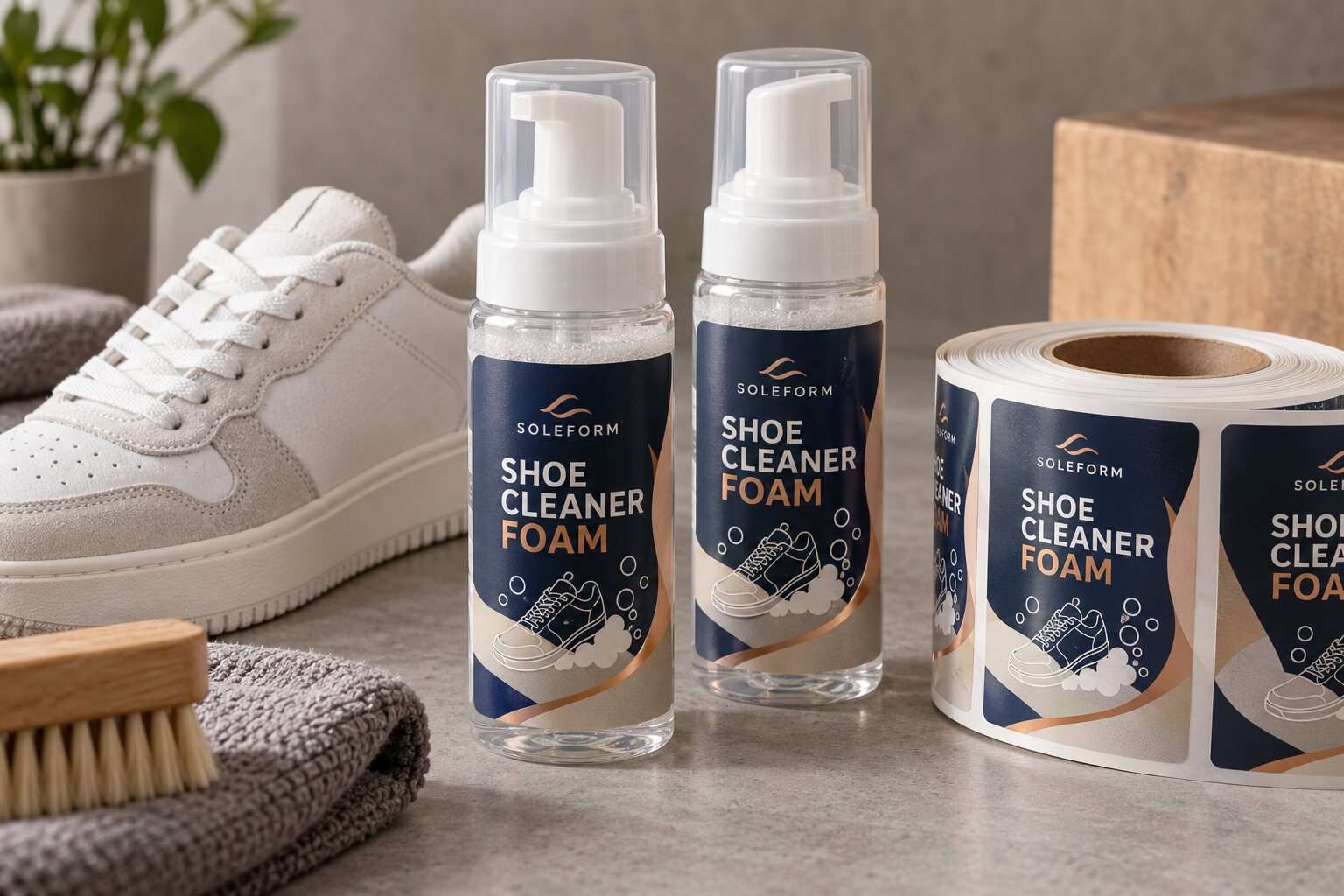 Two SOLEFORM shoe cleaner foam pump bottles with complete navy sidewall labels, sneaker-and-bubble icons and a matching label roll