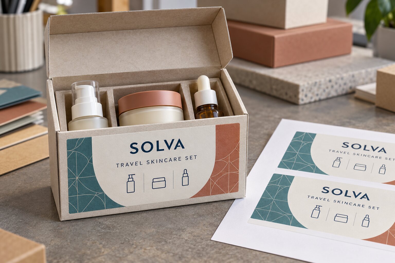 Open SOLVA skincare travel-kit box with pump jar and dropper minis, a complete illustrated front label and matching printed label sheets