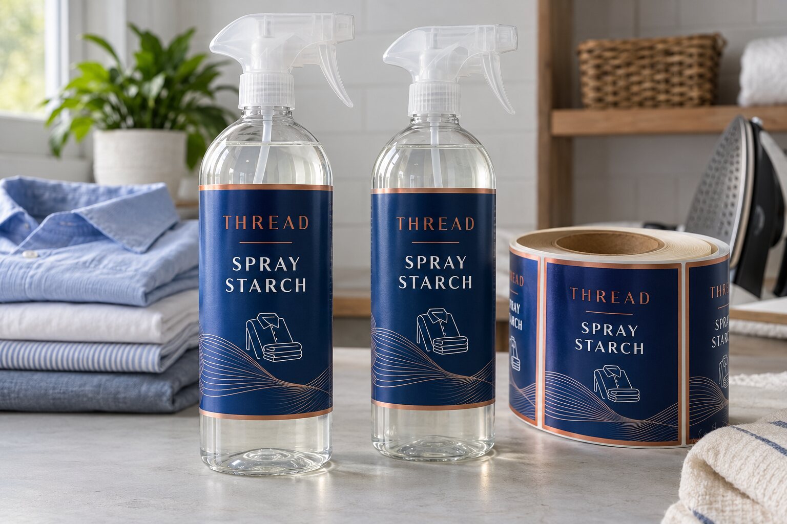 Two THREAD spray starch trigger bottles with navy wrap labels, shirt icons and a matching printed label roll
