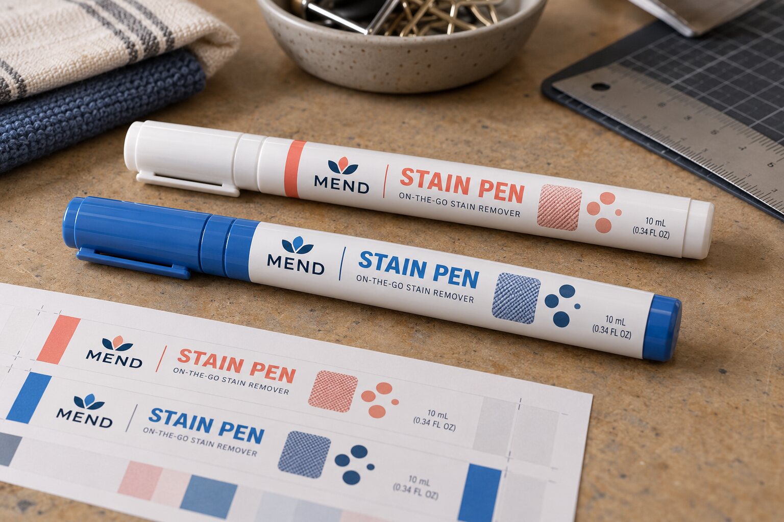 Two capped MEND stain pen sample tubes with complete printed wrap labels below the cap seam and flat artwork proofs