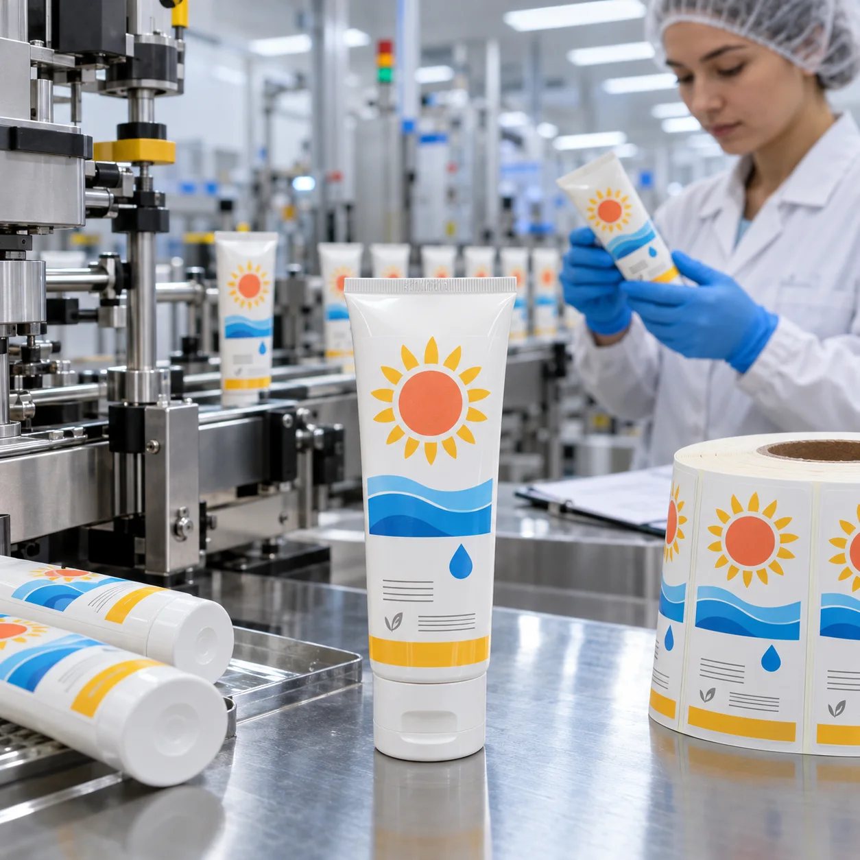 Sunscreen tubes with sun and wave graphic label designs at a cosmetic packaging line