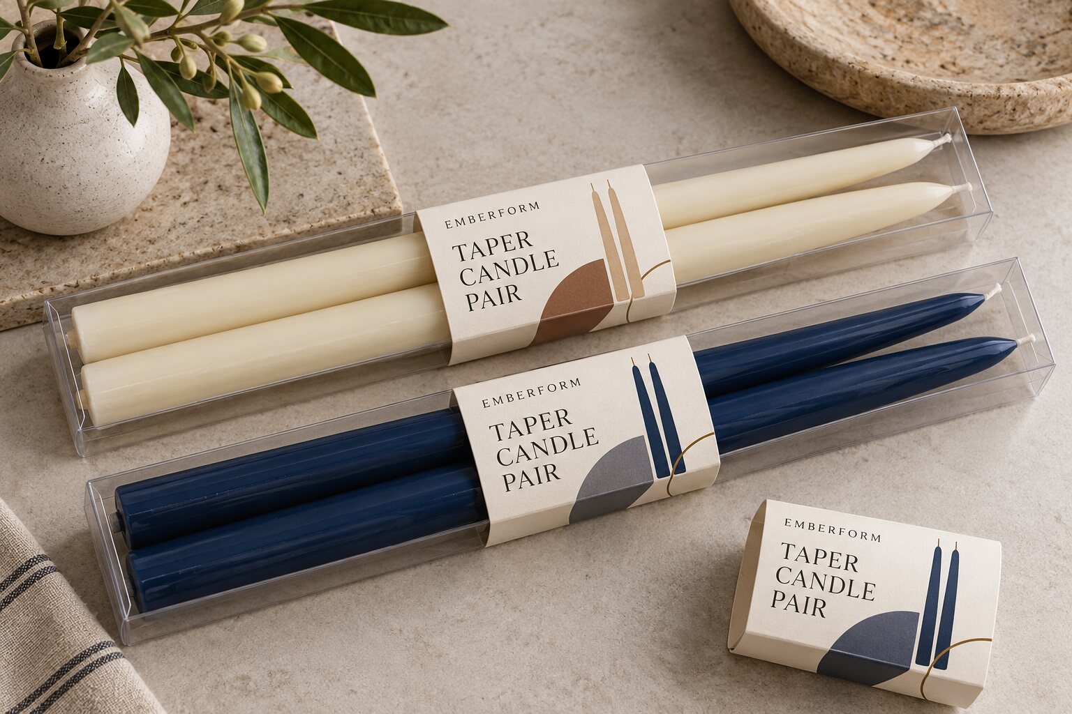 Two pairs of long slender EMBERFORM taper candles in clear sleeves with original mid-pack paper belly bands and a loose matching band