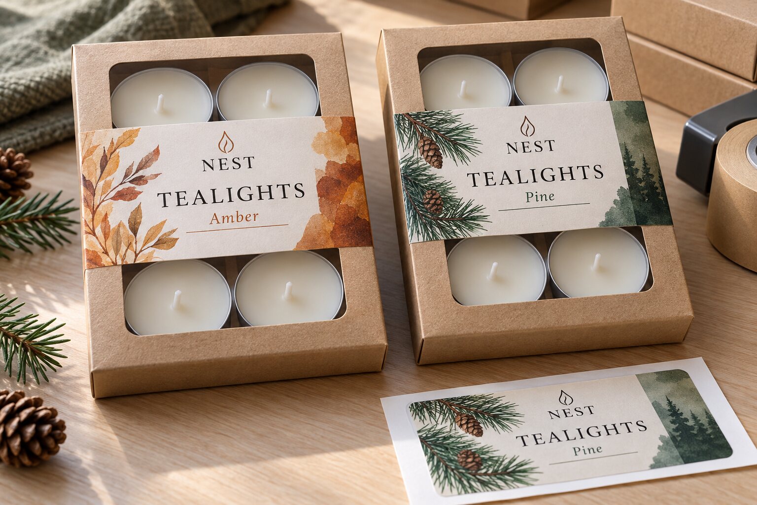 Two NEST tealight four-pack window cartons with Amber and Pine product bands and four visible unlit metal-cup candles in each pack