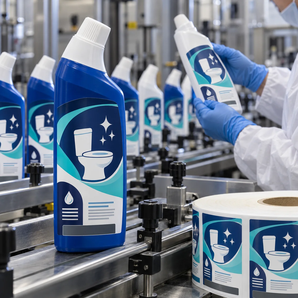 Angled toilet cleaner bottles with blue toilet and sparkle graphic labels at a labeling line