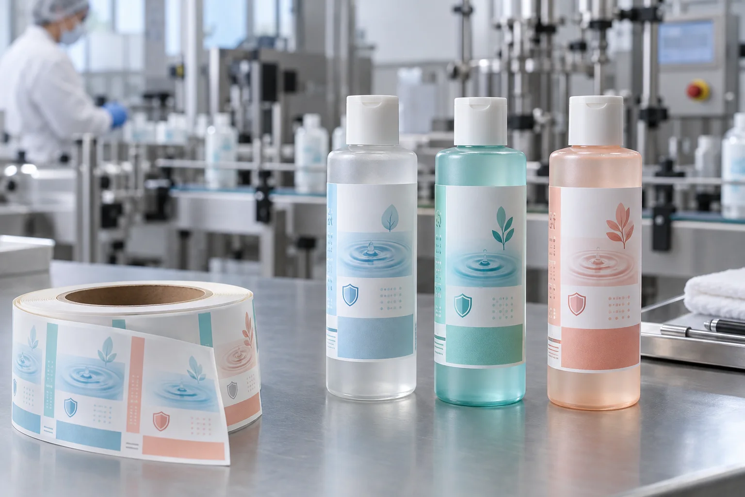Skincare toner bottles with original water-ripple and botanical graphic labels at a cosmetic packaging factory