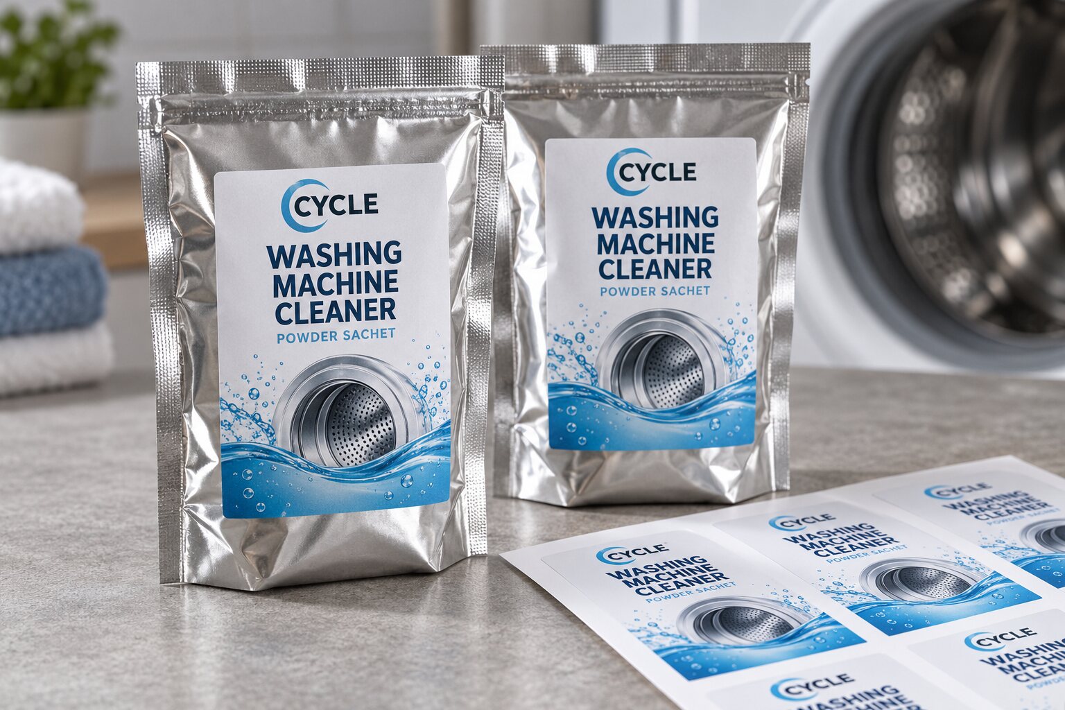 Two silver CYCLE washing machine cleaner powder sachets with blue illustrated front labels clear of the seals and a matching label sheet