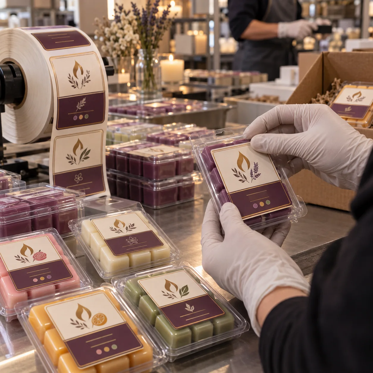 Wax melt clamshell packs with designed flame and botanical graphic labels in a candle packaging workshop
