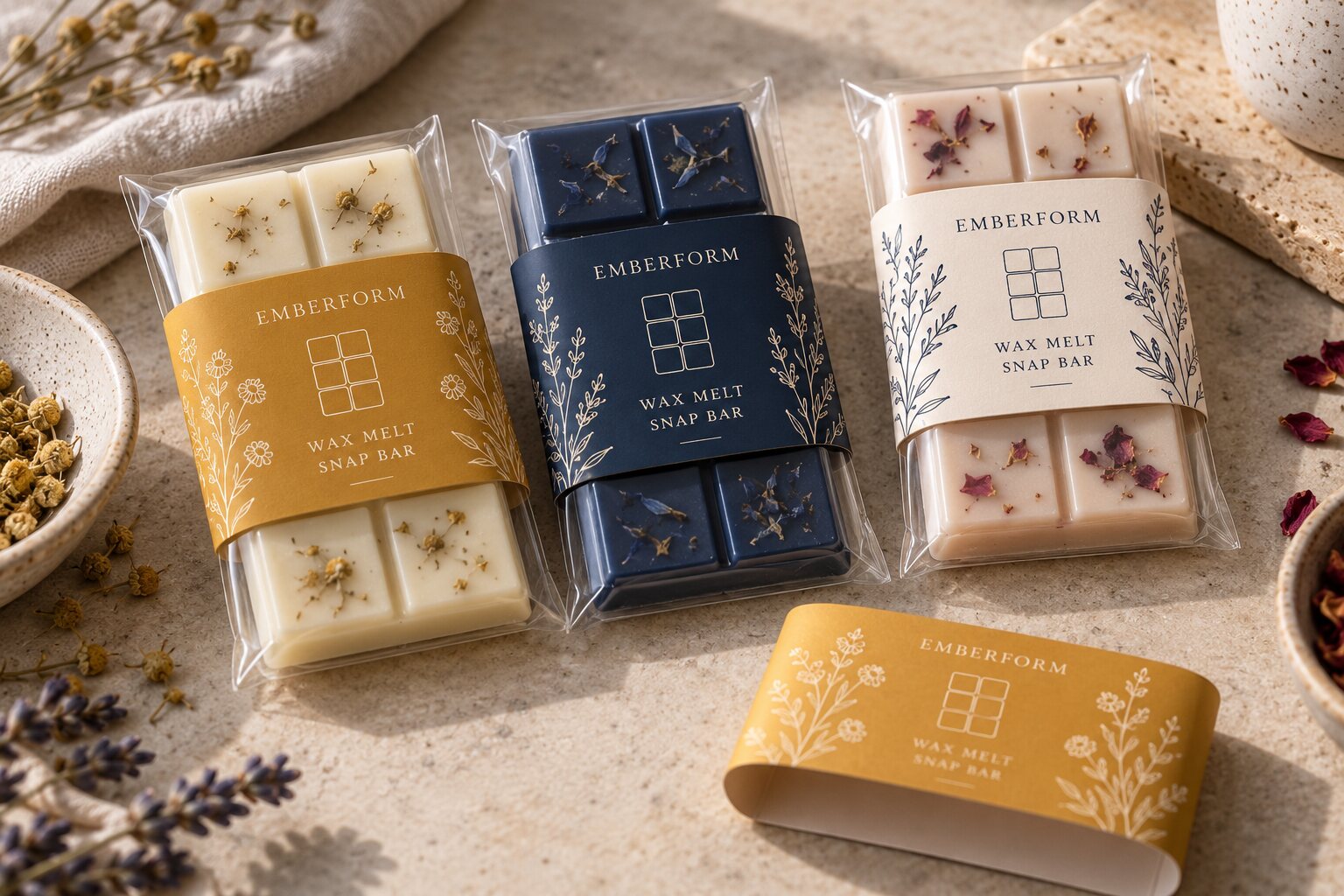 Three EMBERFORM six-square wax melt snap bars in clear sleeves with illustrated paper belly bands and one loose matching band