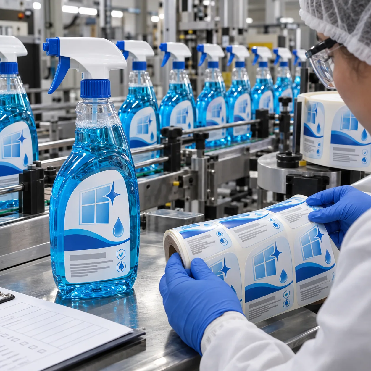 Window cleaner trigger bottles with blue window and sparkle graphic labels on a production line