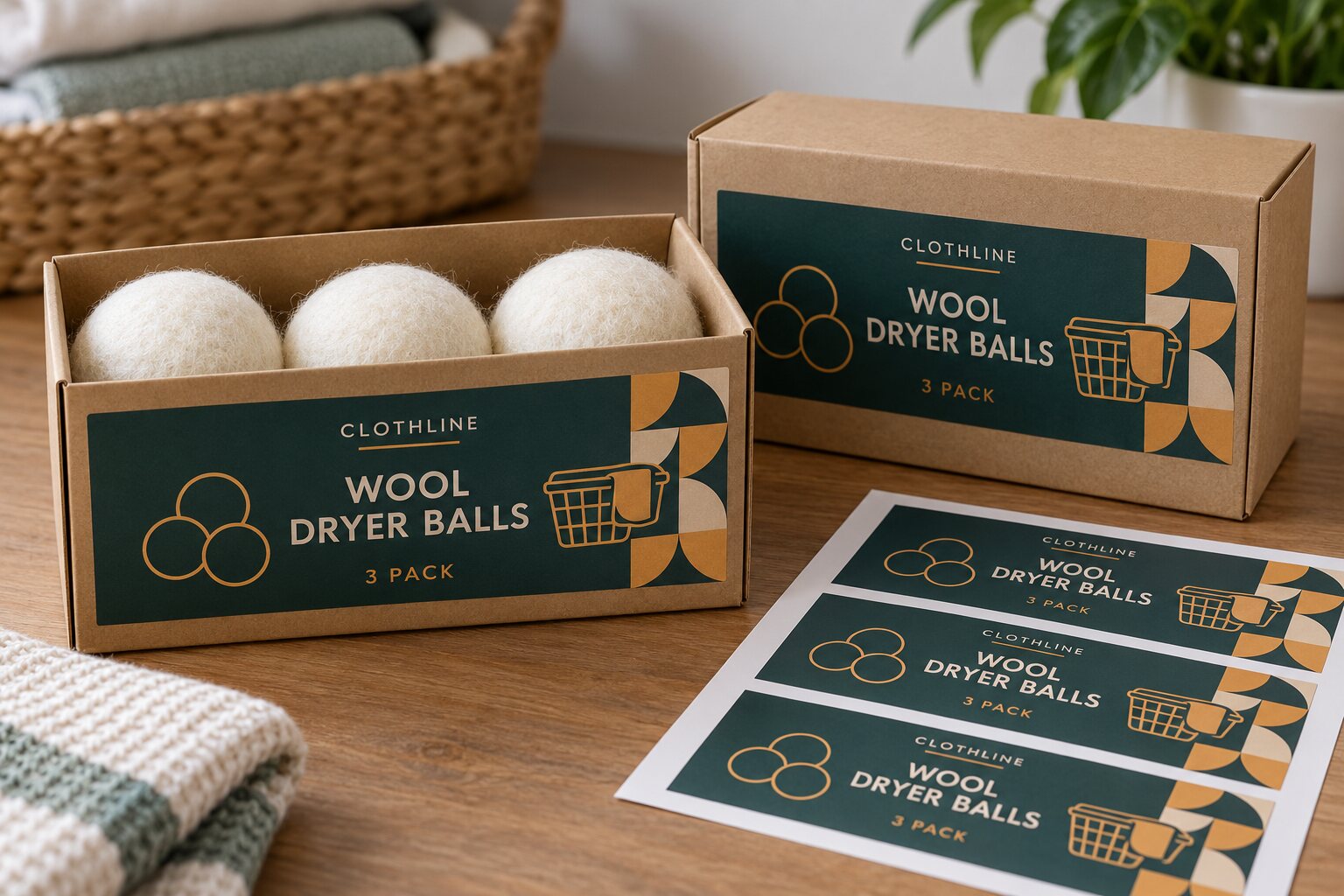 Open and closed CLOTHLINE wool dryer ball three-pack cartons with complete teal front labels and matching label sheets