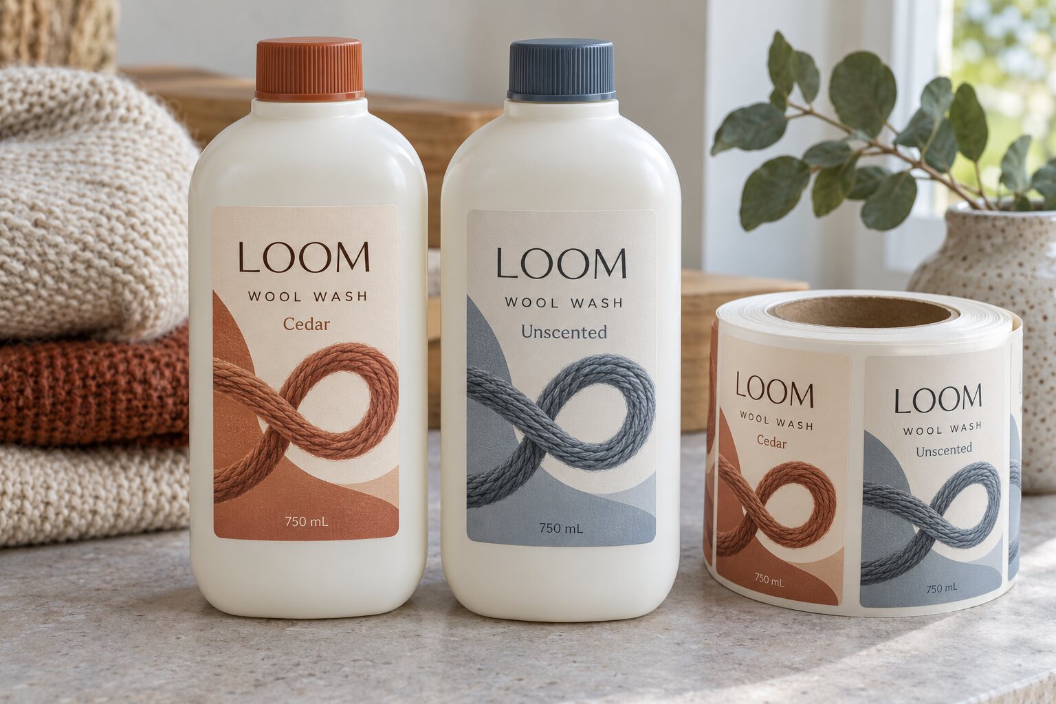 Two LOOM wool wash bottles with complete Cedar and Unscented labels below the shoulder and a matching printed label roll