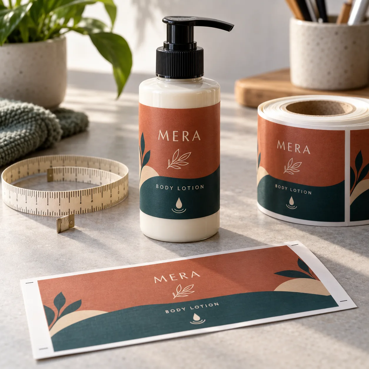 Illustrative body lotion pump bottle, matching printed label roll, paper fit template and measuring tape