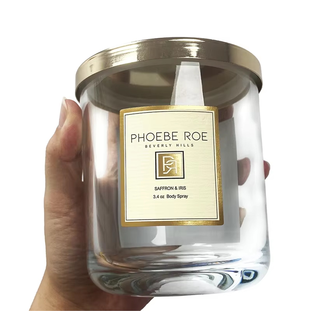 Custom candle labels with clear jar and gold label finish