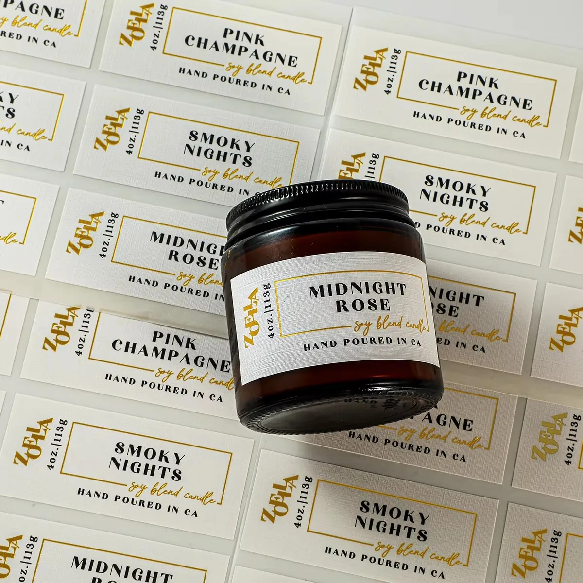 Textured candle label sheets and amber jar label