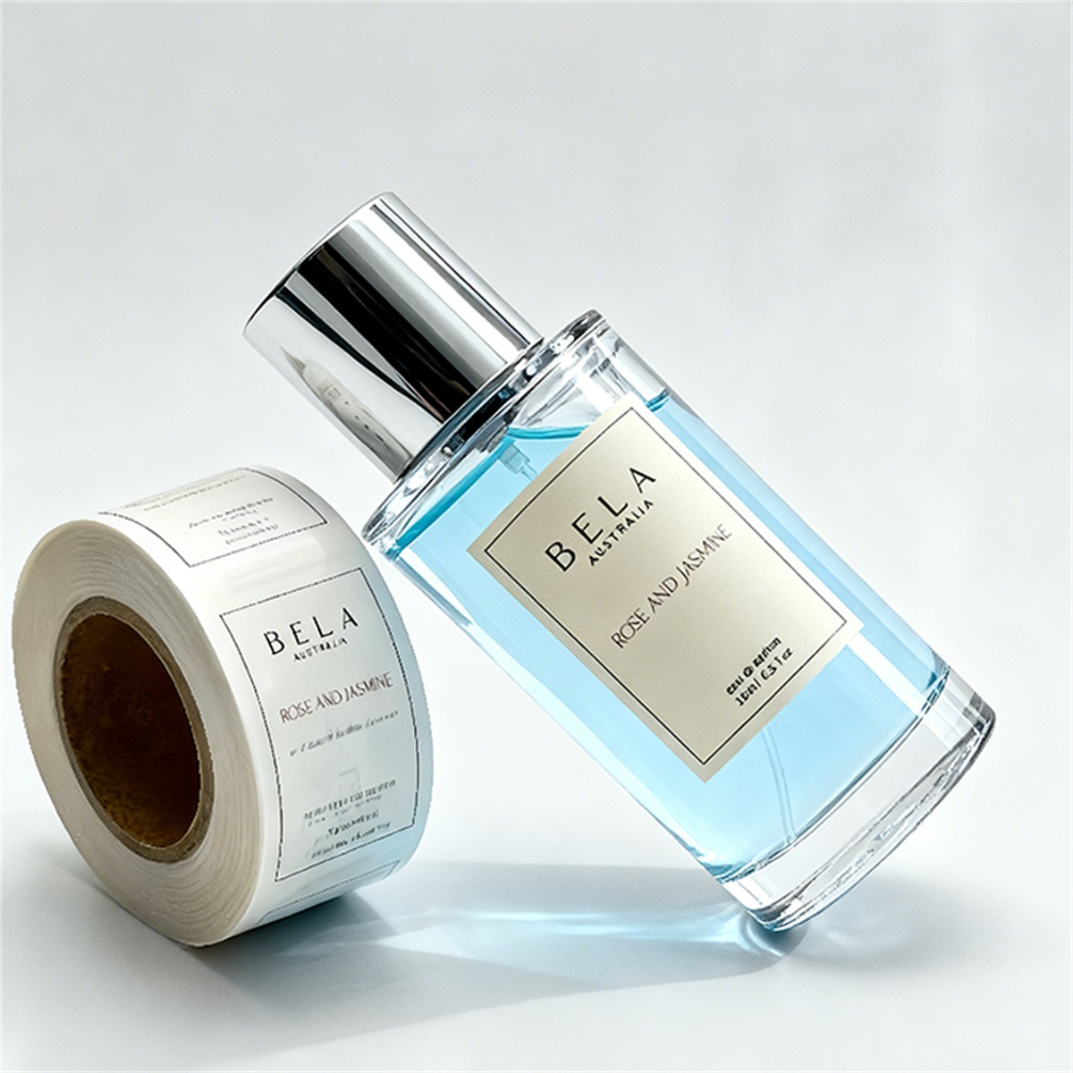 Clear cosmetic bottle labels supplied with a transparent label roll