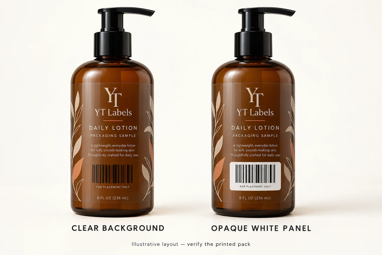 Two branded amber lotion packaging examples comparing a barcode on clear film with a barcode on an opaque white panel