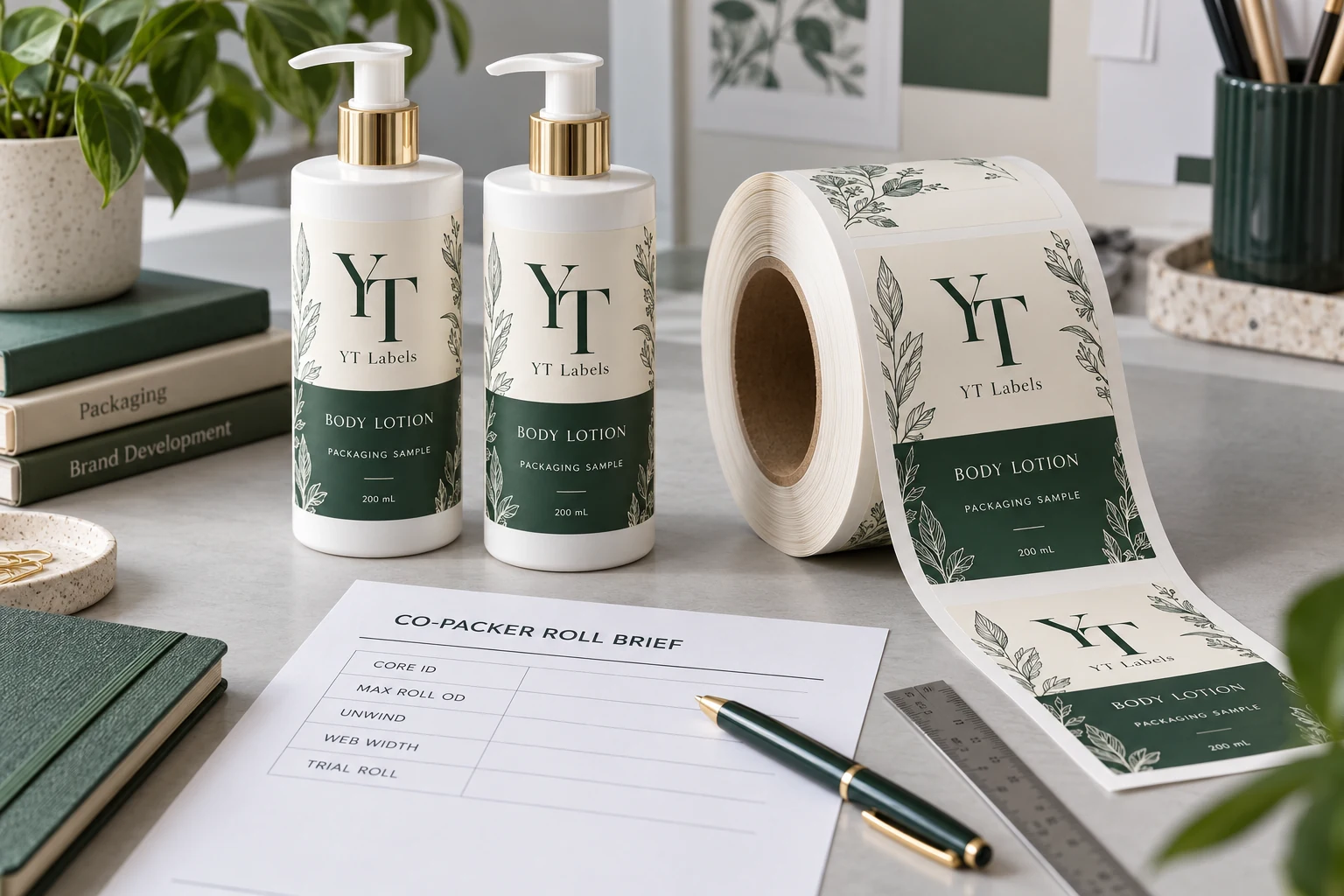 YT Labels lotion bottles and a matching printed label roll beside a co-packer roll specification brief