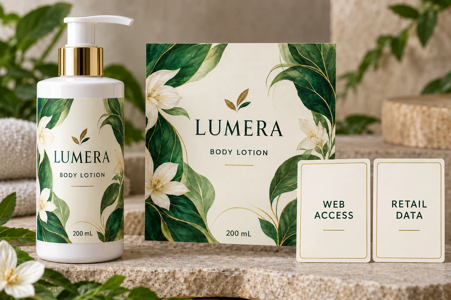 LUMERA lotion packaging beside separate web-access and retail-data planning cards
