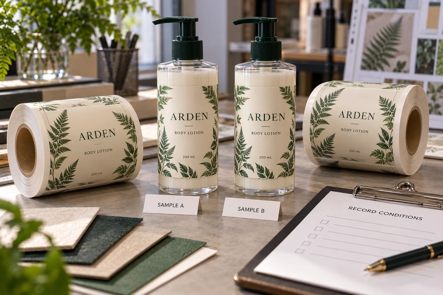 ARDEN branded lotion bottles and separate printed rolls identified as sample A and sample B