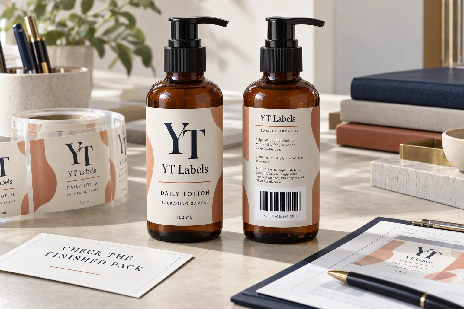 YT Labels lotion packaging samples with front branding, a rear barcode panel and a finished-pack review card