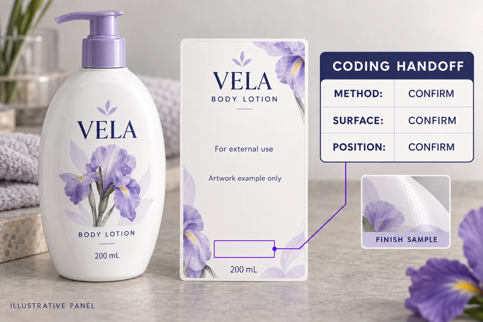 A VELA back-label artwork example connects its reserved panel to method, surface and position confirmation fields