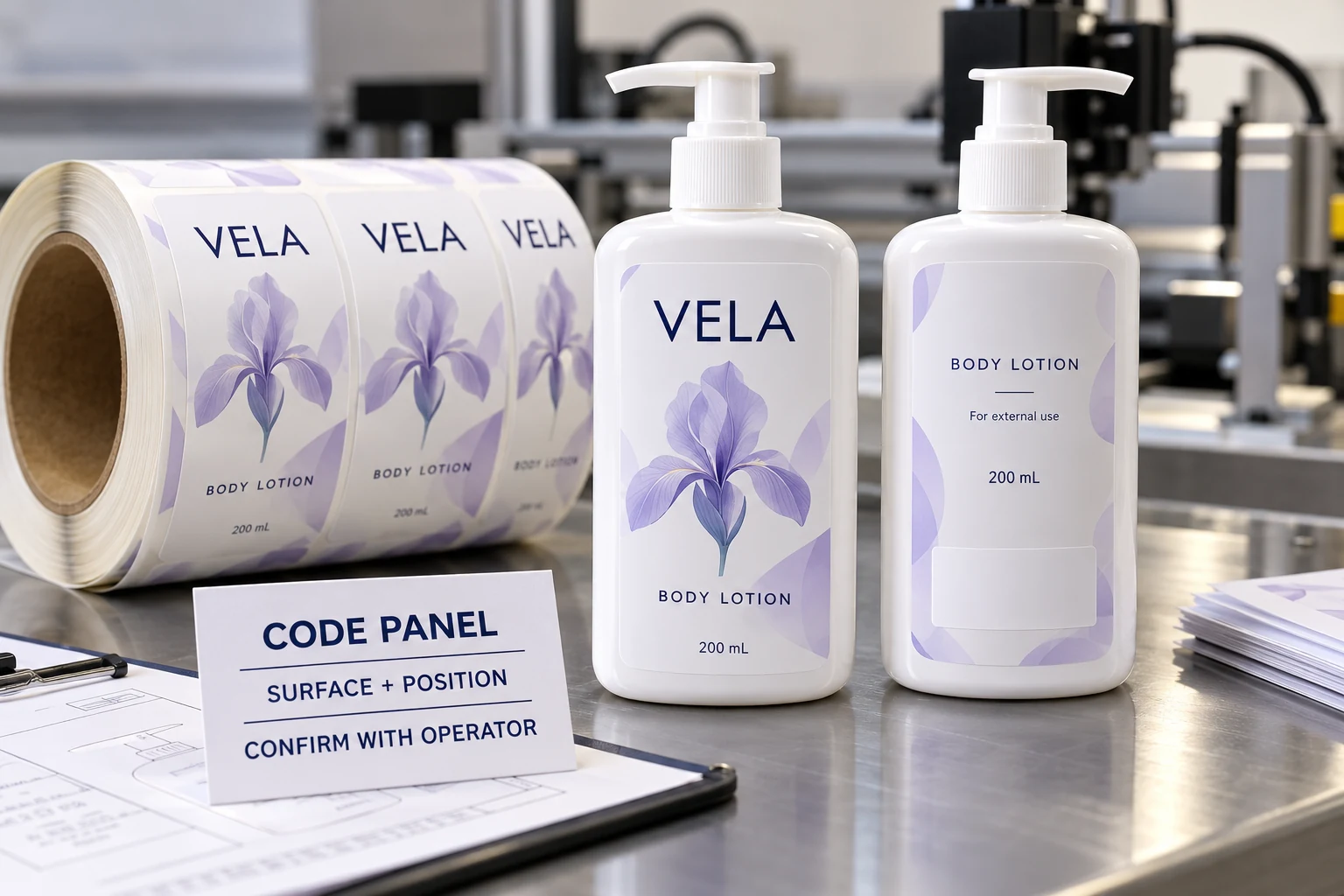 Original VELA lotion packaging shows a fully designed label and a reserved coding area with an operator confirmation card
